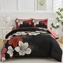 7 Pieces Floral Yellow/Aqua/Navy Blue Floral Comforter Set Queen King Bed In A Bag Botanical Floral Comforter Soft Soft Microfiber Complete Bedding Sets For Fall And Wedding Items,Valentines Day Home Bed Room Decor,Easter Gifts,Mothers Day Gift,All Season - 紅/黑 - 查看 8