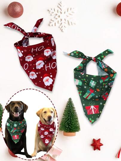 2 baberos de Papá Noel navideños, diseño de caja de regalo, baberos ajustables para mascotas, bufanda para mascotas, pañuelo para perro, decoración navideña Feliz Navidad