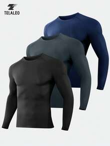TELALEO 3 Packs Boyfriend Style Men's Compression Shirts Long Sleeve Athletic Workout Rash Guard UPF SPF Sports Undershirt Base Layer Top - Multicolor - View 1