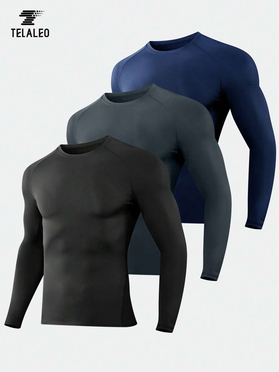 TELALEO 3 Packs Boyfriend Style Men's Compression Shirts Long Sleeve Athletic Workout Rash Guard UPF SPF Sports Undershirt Base Layer Top - Multicolor - View 1