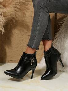 Giày bốt cổ ngắn màu đen, gót mỏng, thường ngày, màu đen, có khóa kéo sau bằng đá giả kim cương dành cho nữ mùa thu/đông - màu đen - Xem 2