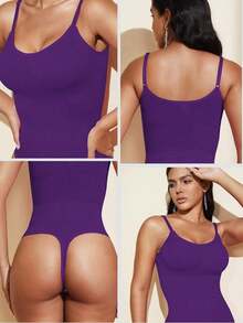1pc Women Seamless Shaping Bodysuit With Thong Bottom, Slimming Bodyshaper Tummy Control Flat Belly Sheath Jumpsuit Shapewear Waist Trainer Shaper - 紫色 - 查看 6