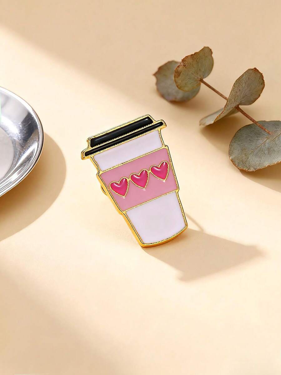1pc Creative Heart-Shaped Bubble Tea Cup Brooch, Pink Tea Cup Badge Pin, Bag/Clothing Decor, Gift For Friends & Students