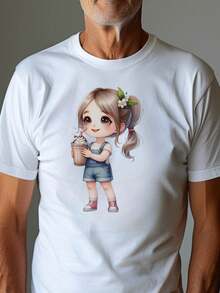 Girl Holding Chocolate Milkshake, Versatile T- Shirt, Streetwear, Comfortable For Long Study Sessions Or Schoolwork, Casual T-Shirt Graphic Tees, 100 Percent Cotton Shirts, White Street Graphic Tees, Men's T-Shirt, Funny Graphic Vintage T Shirts, S-XXXL - 白色-3 - 查看 2