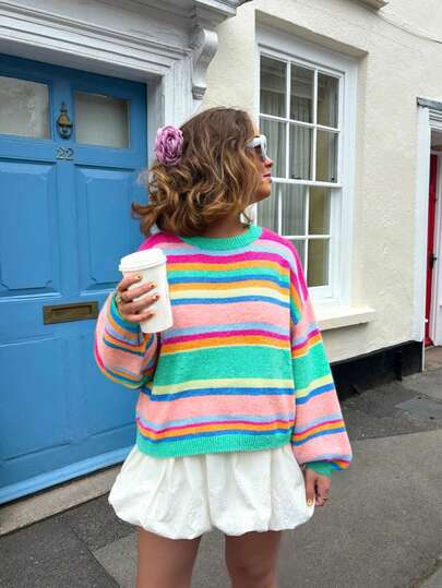 Large-Size Women's Autumn-Winter Colorful Striped Contrast-Color Korean-Style Round-Neck Long-Sleeve Sweater, Fashionable And Lazy Style, Sweet And Casual Knitted Top