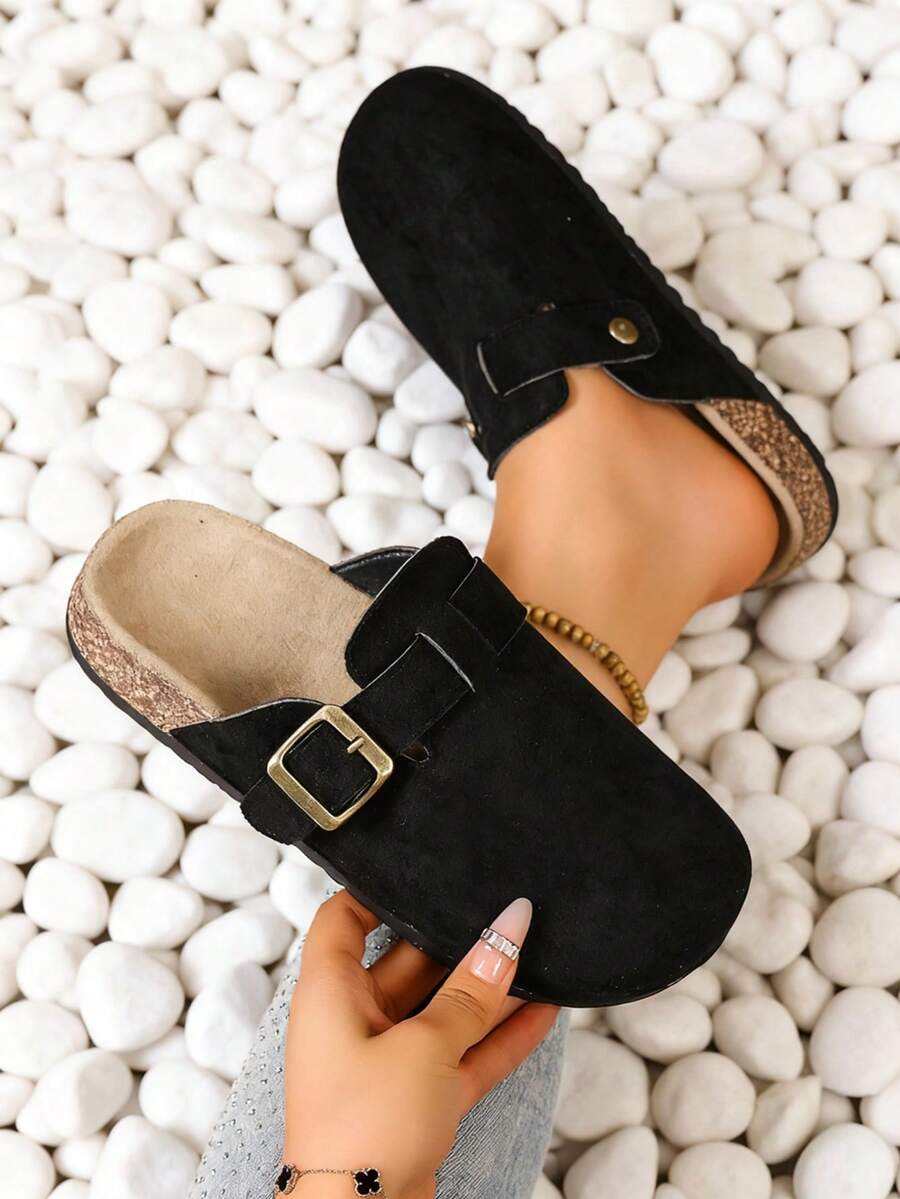 Women's Suede Mule Slippers, Casual Shoes, Flat Slippers, With Metal Buckle Decoration, Round Toe, Non-Slip Rubber Sole, Suitable For Spring And Summer Home Wear And Outdoor Vacations - màu đen - Xem 1