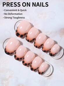 24片椭圆形豹纹短指甲贴纸，棕色法式美甲贴纸，短款完美贴合，亚克力材质，套装包含：1瓶凝胶指甲油和1把指甲锉 - 彩色 - 查看 3