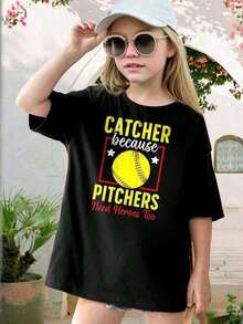 Kids Catcher T-Shirt - Baseball Softball Hero Tee For Boys Girls - Funny Pitcher Support Shirt - Youth Baseball Gift - Comfortable Cotton Tee - Teen Girl T-Shirt - Black - View 1