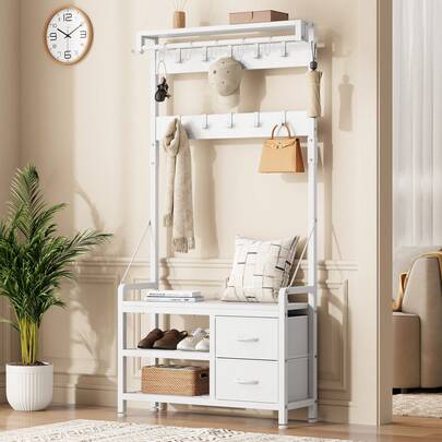  Perchero GIKPAL, banco de entrada de 80 cm de ancho con perchero independiente, diseño inteligente 4 en 1, zapatero y perchero de pared, 17 ganchos y 2 cajones.