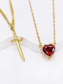 Matching Necklace For Couples Plated Sword And Heart Necklaces Set Dainty Zirconia Chain Pendant Jewelry Gifts For Him And Her - Bạc - Xem 4