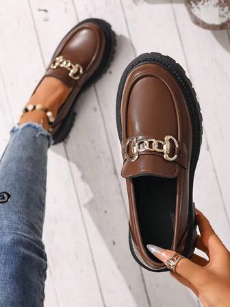 Mocasines de mujer de moda casual con punta redonda y suela gruesa, zapatos planos