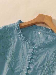 Women's Embroidered Loose Retro Long Sleeve Blouse Top, Suitable For Autumn - Teal Blue - View 3