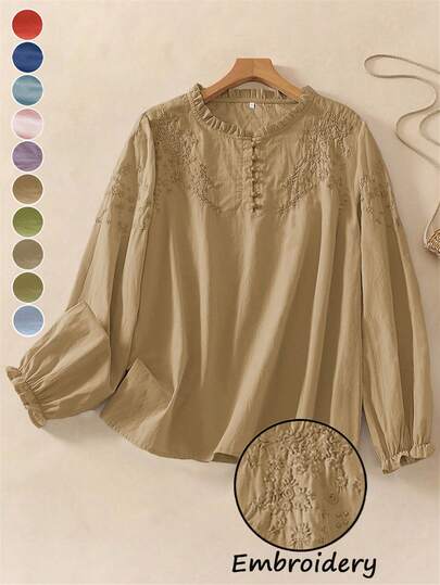 女式宽松刺绣复古长袖衬衫，秋季上衣