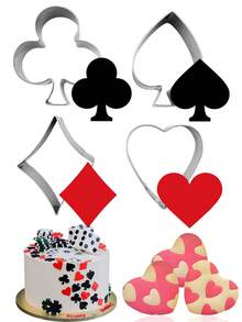 4 piezas Moldes de galletas de póker, moldes de galletas de acero inoxidable, moldes de galletas con forma de flor de ciruelo/pica/bloque/corazón, moldes de galletas DIY, moldes de pasteles hechos a mano, moldes de pasteles hechos a mano, moldes de galletas con cartas de juego, moldes para hornear pasteles, decoración de pasteles, decoración de fiestas, decoración de fiestas con temática de póker, moldes de fondant para jugar a las cartas - Plateado - Ver 1