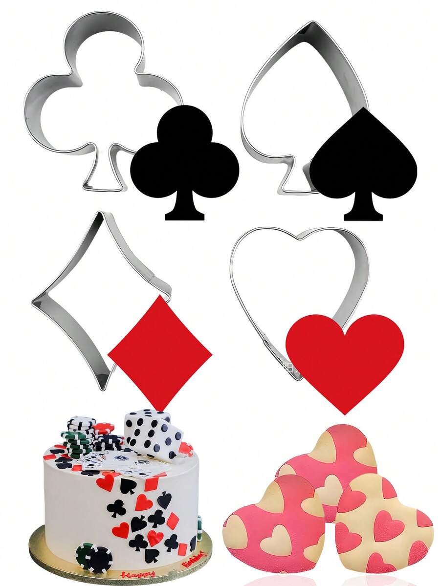 4 piezas Moldes de galletas de póker, moldes de galletas de acero inoxidable, moldes de galletas con forma de flor de ciruelo/pica/bloque/corazón, moldes de galletas DIY, moldes de pasteles hechos a mano, moldes de pasteles hechos a mano, moldes de galletas con cartas de juego, moldes para hornear pasteles, decoración de pasteles, decoración de fiestas, decoración de fiestas con temática de póker, moldes de fondant para jugar a las cartas - Plateado - Ver 1