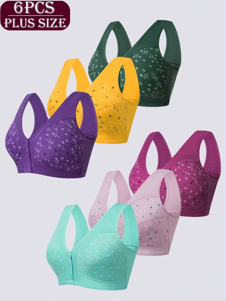 6-Pack Plus Size Women's Wireless Underwire Bra, Floral Design, Wide Shoulder Strap Support, Front Closure, Soft Comfortable All-Day Wear Lingerie, Summer - Nhiều màu - Xem 1