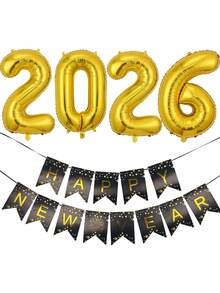 kumozawa 77 件/套 - 新年快乐气球套装、新年烟花拉旗、金色背景金箔窗帘和金色和黑色乳胶气球、2026 年除夕照片背景、除夕派对装饰、2026 年新年派对用品，适用于 2026 年新年派对和家庭聚会 - 彩色 - 查看 4