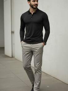 Polo a maniche lunghe da uomo, camicia casual da business in colore unito, slim fit, colletto, t-shirt basic per autunno/inverno