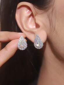 復古淚滴水晶水鑽耳環釘狀首飾適合女士1對 - 銀色 - 查看 8