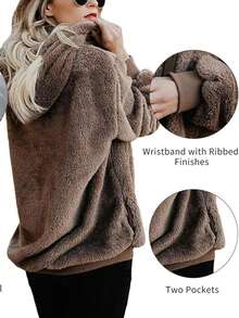 Ladies' Hooded Sweatshirt, Sporty Fluffy Pullover Hooded Sweatshirt With Pockets, Lightweight Zipped Fleece Hooded Sweatshirt