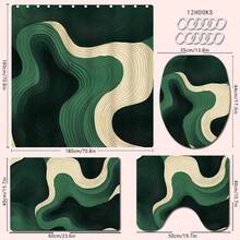 1/4pcs Green Wavy Theme Bathroom Set, Shower Curtain, Bath Mat, U-Shaped Toilet Lid Cover, Waterproof, Fashionable Curtain For Bathroom Decoration, Modern Style, Machine Washable Back To School