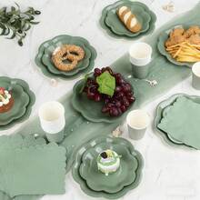 10 piezas/20 piezas/50 piezas/Set, Plato, vaso y toalla de papel de color verde salvia, Vajilla desechable de 9"x7" con plato en forma de abanico, Plato desechable de color verde salvia adecuado para fiestas, cenas, bodas, bautizos, revelación de género, plato para tarta de cumpleaños, fiestas festivas, comidas en grupo