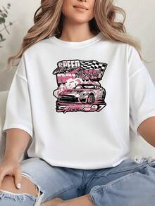 Racing Car Graphic Print T Shirt 220g Sporty Women's Casual 100% Cotton Tee 1pcs Motorsport Streetwear Style - 白色 - 查看 1