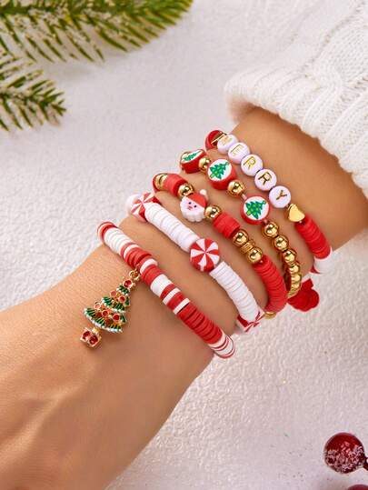 5Pcs Christmas Themed Charm Bracelet Set,Women's Party Jewelry Set,Ideal Festival Gift For Family&Friends