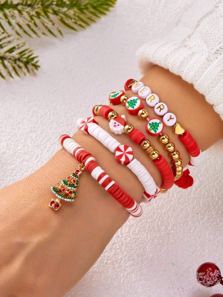 8Pcs Christmas Themed Charm Bracelet Set,Women's Jewelry Set For Party,Festival Gift For Family&Friends,Santa&Snowflake&Candy Cane&Heart&Star