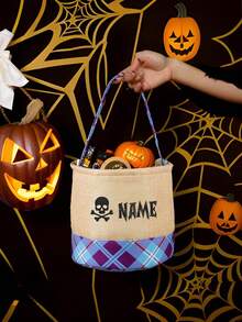 Personalized Embroidery Halloween Pattern Name Halloween Imitation Grid Storage Basket Fun Shopping Center Amusement Park Indoor And Outdoor Decoration Props Accessories Gifts Not Given Sugar Bag Handbag Candy Bag Multi Functional Storage Basket Short Distance Travel Bag - Multicolor - View 3