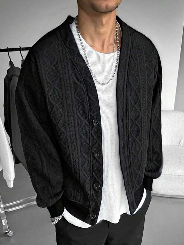 Men Old Money Jacquard Button Up Sweatshirt, Fall