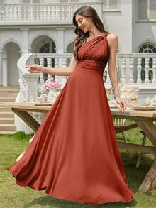 Volly Toych Auburn A-Line One Shoulder Keyhole Ruched Chiffon Elegant Maxi Formal Bridesmaid Dress, Wedding Guest Summer - 鏽棕色 - 查看 4