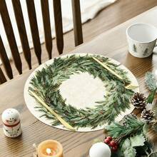 1 件/套，松枝花环图案，圆形，圣诞亚麻餐垫，14 英寸 * 14 英寸季节性厨房餐桌装饰桌布，圣诞派对装饰，家居装饰 - 綠色 - 查看 2
