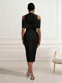 Solid Color Elegant Hollow Out Slit Zipper Formal Evening Gown, Suitable For Wedding Guest Party - Black - View 4