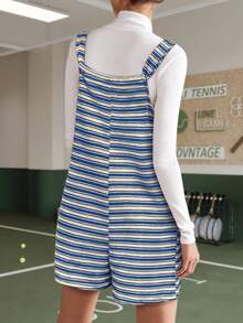 Womens Fall Striped Romper Sleeveless Loose Fit Jumpsuit Tied Shorts With Pockets Outdoor Casual Out - 藍色 - 查看 3