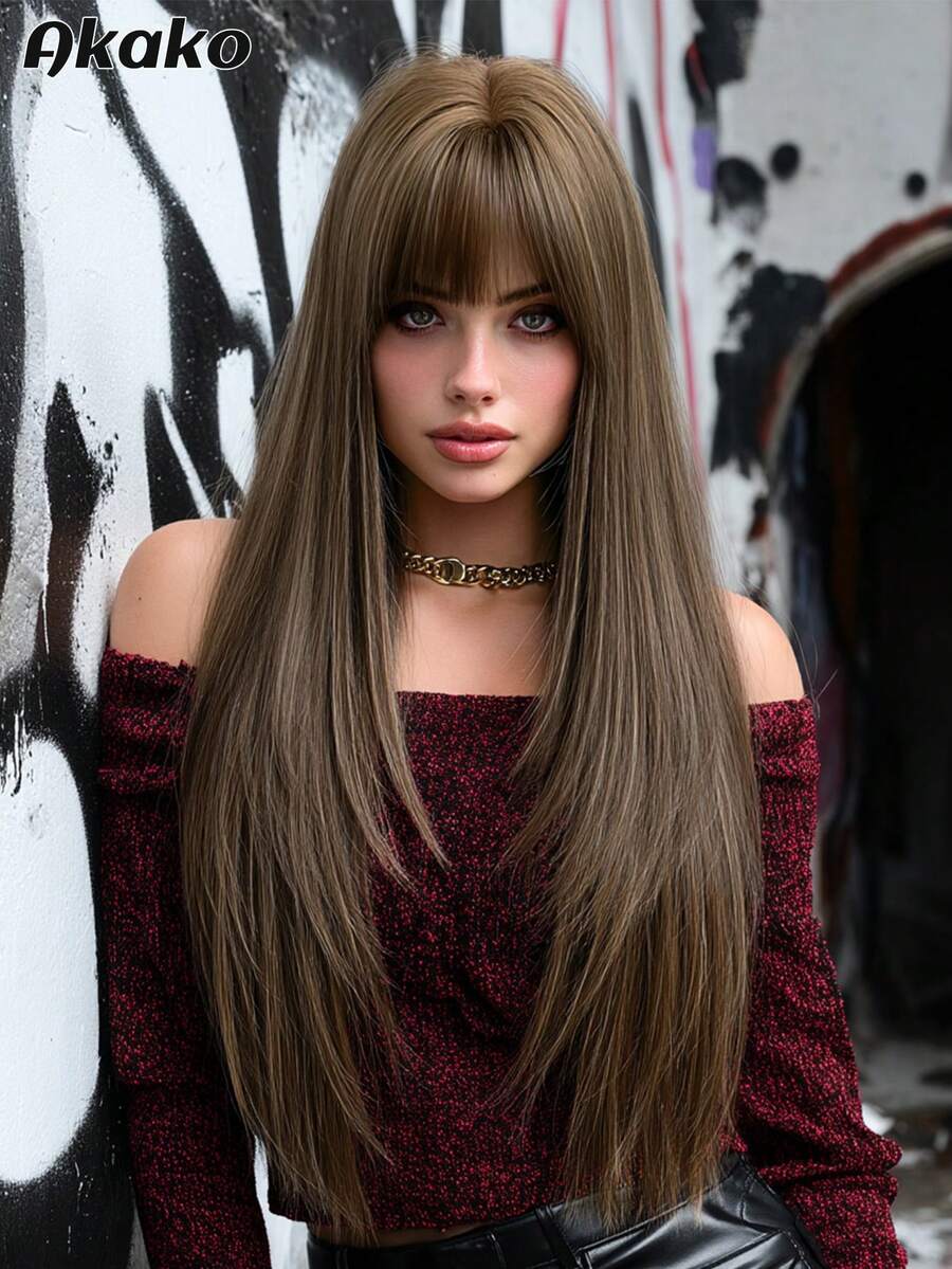 AKAKO Extra Long Layered Caramel Brown Wigs For Women - Fluffy Synthetic Wig With Bangs, Natural Looking Heat-Resistant Fiber Hairpiece, Dark Gothic Style Fashion Wigs For Daily Party Wear, Valentine's Day Music Festivals & Halloween Cosplay Use 32 Inch - Brown - View 1