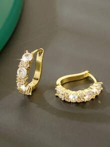 1 Pair Fashionable Copper Cubic Zirconia Geometric Round Hoop Earrings, Luxury Elegant Gift For Women