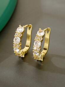 1 Pair Fashionable Copper Cubic Zirconia Geometric Round Hoop Earrings, Luxury Elegant Gift For Women