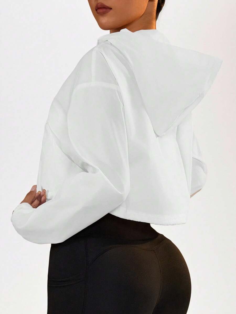 SHEIN Sports 拉链连帽防晒夹克,可调节下摆抽绳轻便夹克 - 白色 - 查看 1
