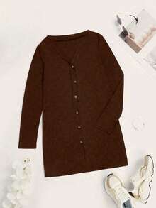 女士休闲开衫，开襟轻薄长袖，纽扣设计，宽松纯色外套，春夏款 - 咖啡棕 - 查看 3
