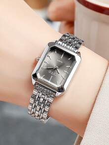 1 件时尚青少年不锈钢表带石英表，带方形表盘和标记，适合作为生日、毕业礼物