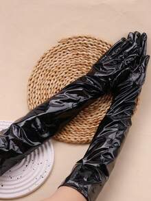 1 Pair Mirrored Patent Leather Dark Nightclub Style Long Gloves For Women, Tight Coated Stretch