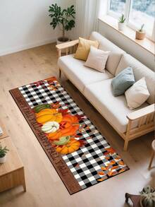 1pc Silicone Mud Kitchen Mat, Black & White Plaid With Multicolored Pumpkin & Autumn Leaf Pattern, American Countryside Style, Shock-Absorbing Anti-Fatigue Kitchen Mat, Approx 3mm Thick, Water-Absorbing, Simple Silicone Rubber Mat For Kitchen, Bathroom, Entryway, Laundry Room, Etc. - Multicolor - View 9