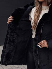 Long Women's Winter Jacket With Faux Fur, Warm Winter Outerwear, Elegant Hooded Parka With Polyester Filling, Stylish Everyday Look, Perfect For Special Occasions, Comfortable Cold Weather Wear - Black - View 3