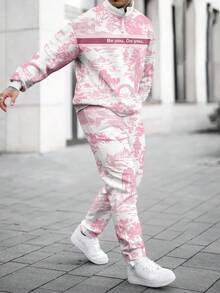 男士双色休闲日常拉链卫衣和运动裤套装，秋冬 - 彩色 - 查看 1