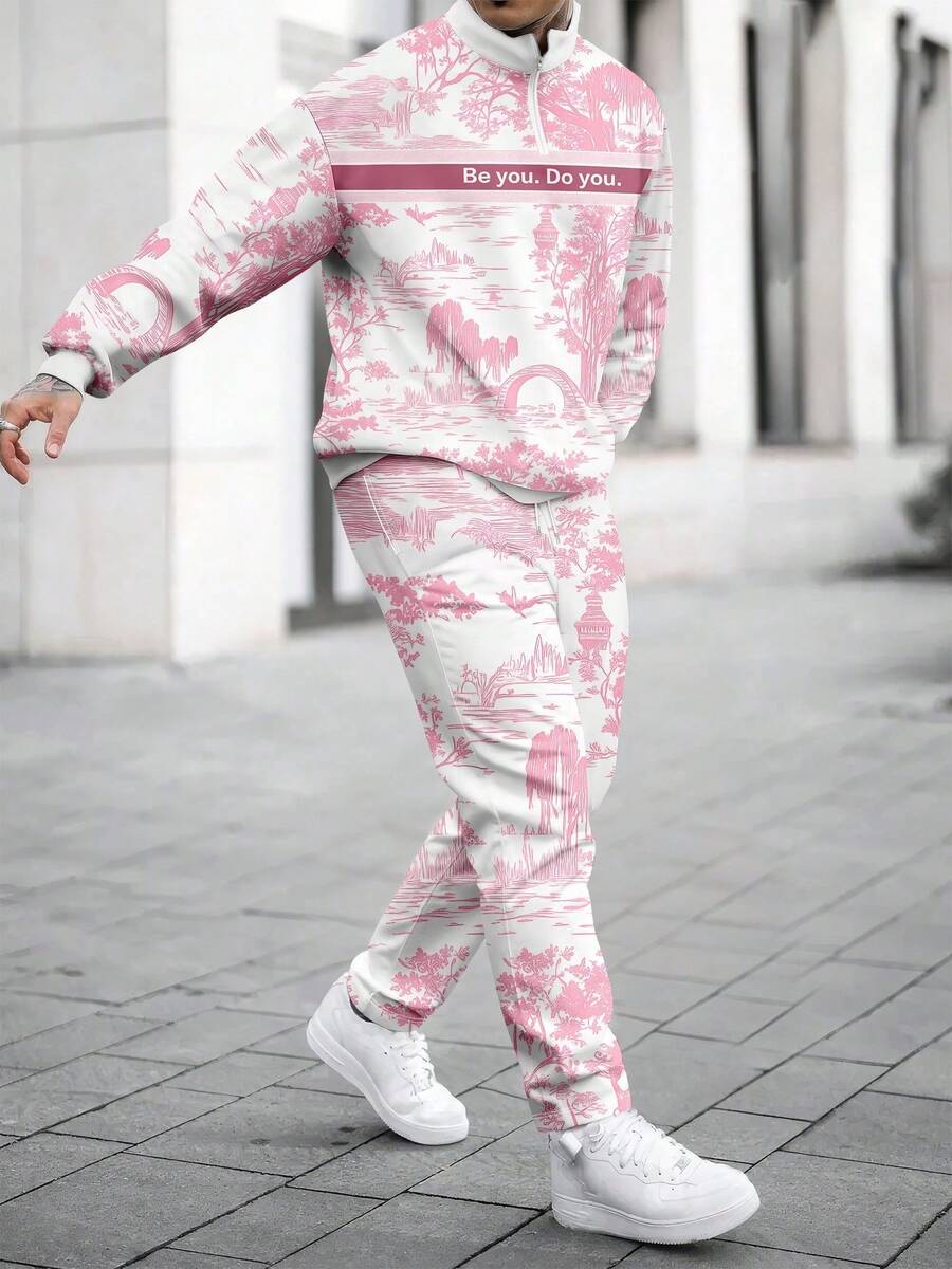 男士双色休闲日常拉链卫衣和运动裤套装，秋冬 - 彩色 - 查看 1