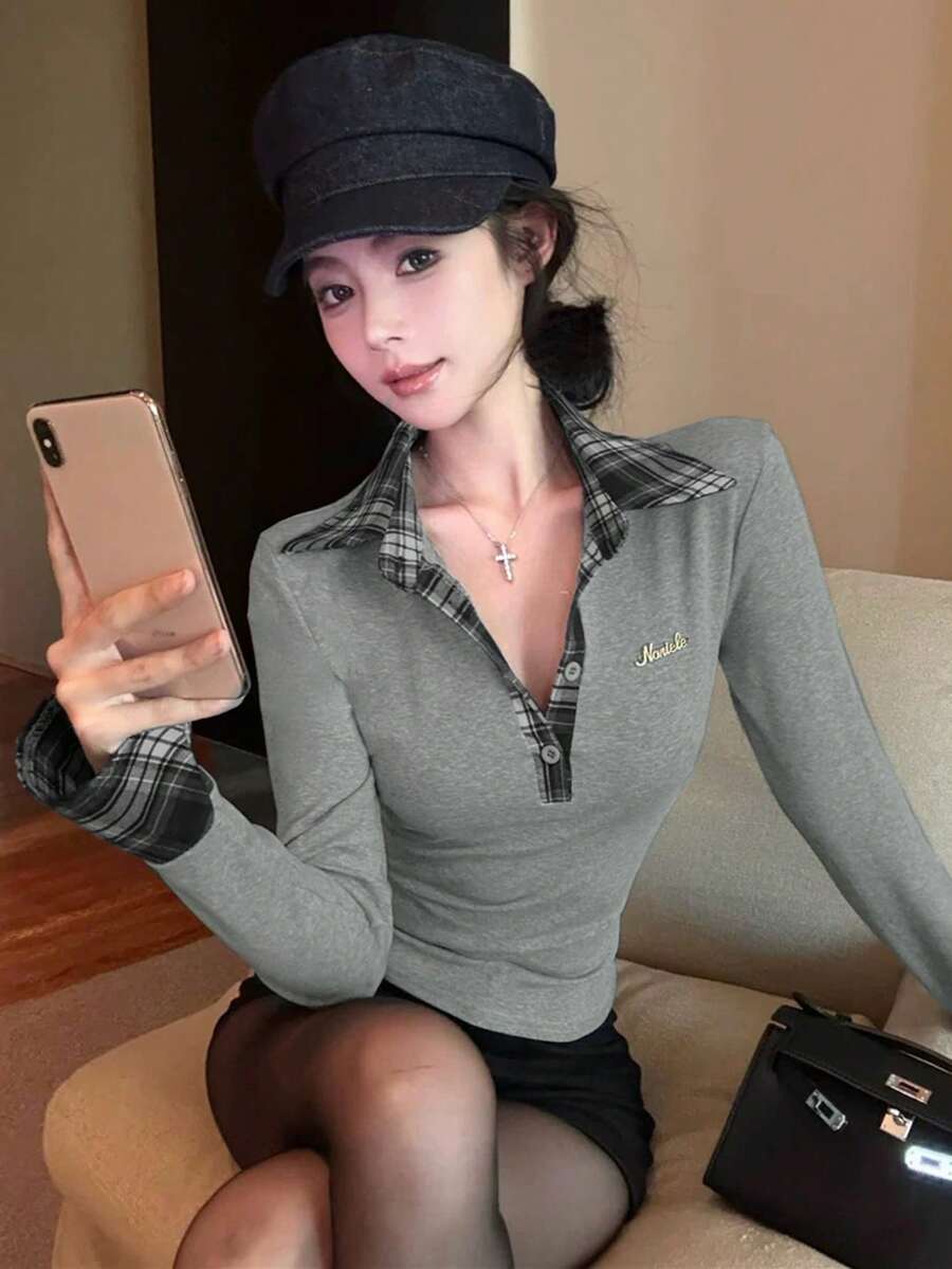 女士二合一格子 Polo 领红色长袖磨毛修身打底衫 春季 - 灰色 - 查看 1