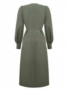 Pleated Pocket Solid Color Zipper A-Line Long Sleeve V-Neck Midi Dress, Women's Autumn Dress, Retro Elegant Long Sleeve Waisted Dress, Olive Green Long Sleeve Dress - Olive Green - View 7