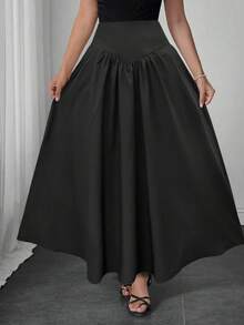Elegant Women's A-Line Skirt, Suitable For Dates, Student Wear, Daily Travel, Versatile, Casual, Beach And Other Occasions. Elegant And Casual Women's A-Line Skirt, Solid Color, Waist-Shaping, Pleated Design, Woven Fabric, Available In Multiple Colors, Suitable For Outings And Can Also Be Worn As Loungewear. - Black - View 6
