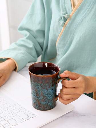 1pc 330ml Glazed Ceramic Reactive Glaze Handled Mug, Creative Personal Espresso Cup, Graduation/Family Gathering Cup, Romantic Dinner Tableware, Couple Toothbrush Cup, Daily Use